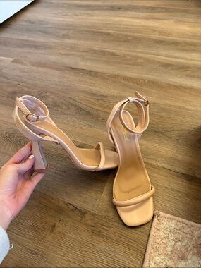 Anne Michelle Blush Nude Ankle-Strap Block Heels